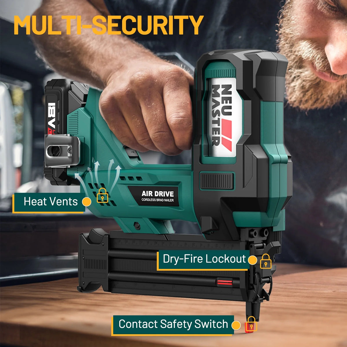 NEU MASTER Cordless Brad Nailer , 18GA 2-Inch Battery-Powered Nail Gun with Depth Adjustment | Includes 20V Battery, Charger, 1800pcs Nails & Storage Case , Ideal for Trim, Molding, Woodwork & DIY Up