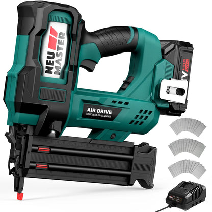 NEU MASTER Cordless Brad Nailer , 18GA 2-Inch Battery-Powered Nail Gun with Depth Adjustment | Includes 20V Battery, Charger, 1800pcs Nails & Storage Case , Ideal for Trim, Molding, Woodwork & DIY Up